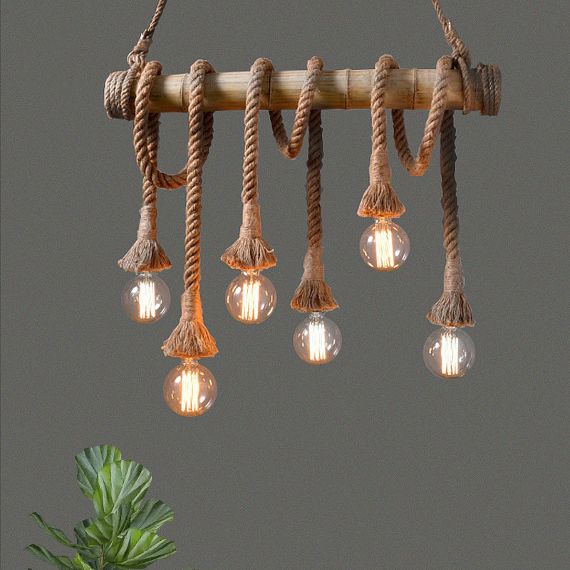 3/4 Lights Open Bulb Island Light Lodge Industrial Beige Adjustable Rope Ceiling Light with Bamboo Clearhalo 'Ceiling Lights' 'Island Lights' Lighting' 605621