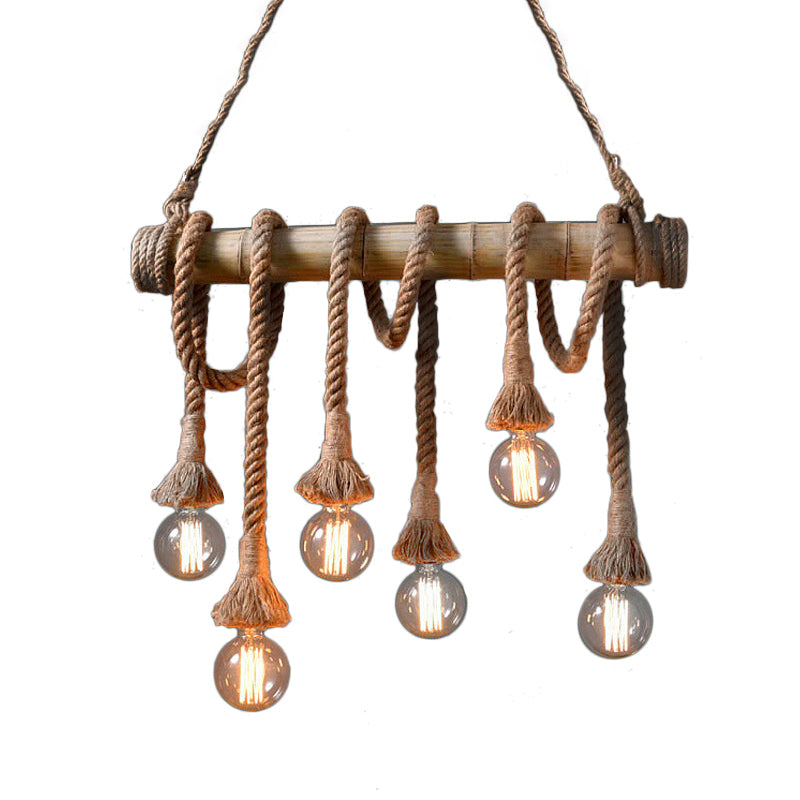 3/4 Lights Open Bulb Island Light Lodge Industrial Beige Adjustable Rope Ceiling Light with Bamboo Clearhalo 'Ceiling Lights' 'Island Lights' Lighting' 605622