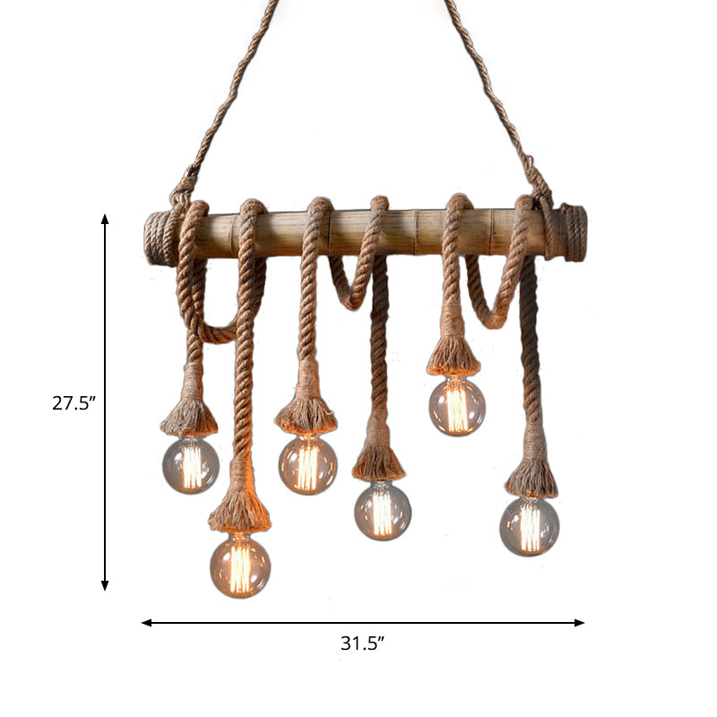 3/4 Lights Open Bulb Island Light Lodge Industrial Beige Adjustable Rope Ceiling Light with Bamboo Clearhalo 'Ceiling Lights' 'Island Lights' Lighting' 605623