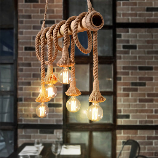 3/4 Lights Open Bulb Island Light Lodge Industrial Beige Adjustable Rope Ceiling Light with Bamboo 5 Beige A Clearhalo 'Ceiling Lights' 'Island Lights' Lighting' 605624