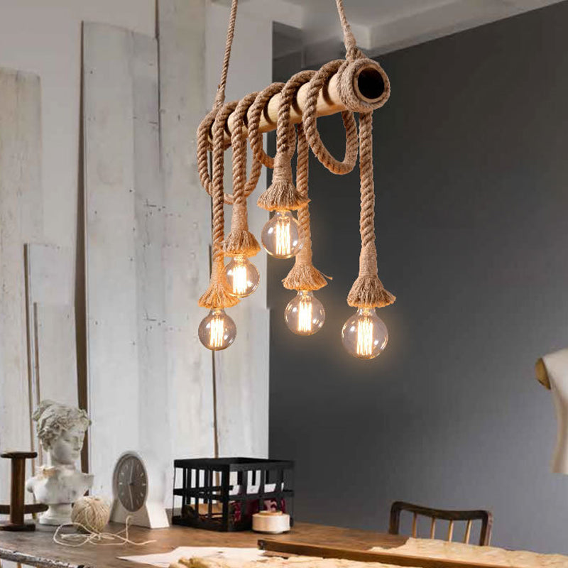 3/4 Lights Open Bulb Island Light Lodge Industrial Beige Adjustable Rope Ceiling Light with Bamboo Clearhalo 'Ceiling Lights' 'Island Lights' Lighting' 605625
