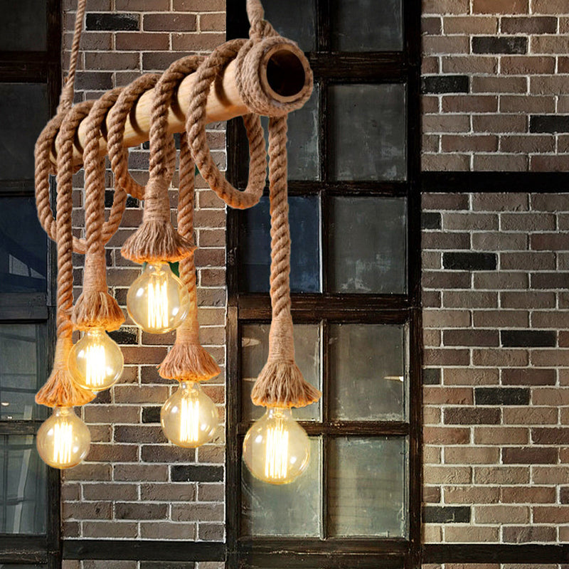 3/4 Lights Open Bulb Island Light Lodge Industrial Beige Adjustable Rope Ceiling Light with Bamboo Clearhalo 'Ceiling Lights' 'Island Lights' Lighting' 605626