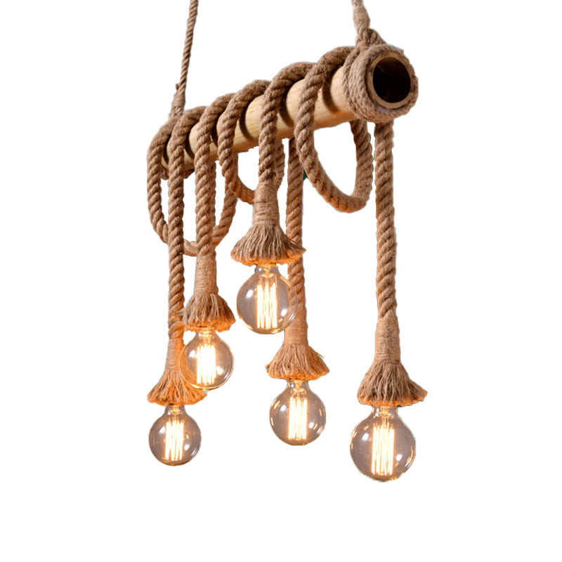 3/4 Lights Open Bulb Island Light Lodge Industrial Beige Adjustable Rope Ceiling Light with Bamboo Clearhalo 'Ceiling Lights' 'Island Lights' Lighting' 605627