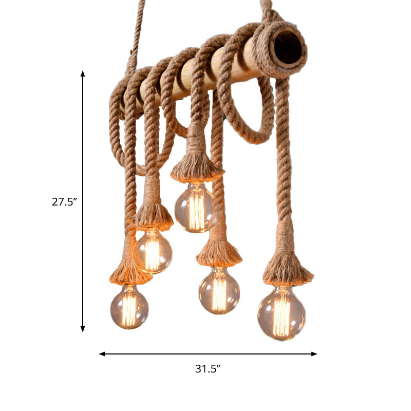 3/4 Lights Open Bulb Island Light Lodge Industrial Beige Adjustable Rope Ceiling Light with Bamboo Clearhalo 'Ceiling Lights' 'Island Lights' Lighting' 605628