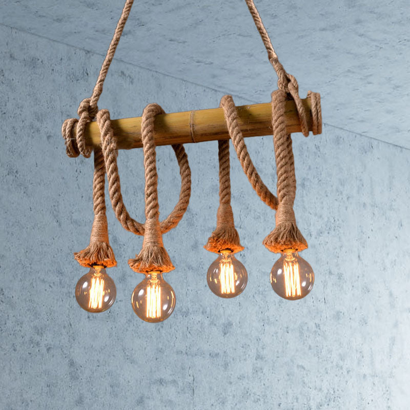 3/4 Lights Open Bulb Island Light Lodge Industrial Beige Adjustable Rope Ceiling Light with Bamboo 4 Beige A Clearhalo 'Ceiling Lights' 'Island Lights' Lighting' 605629