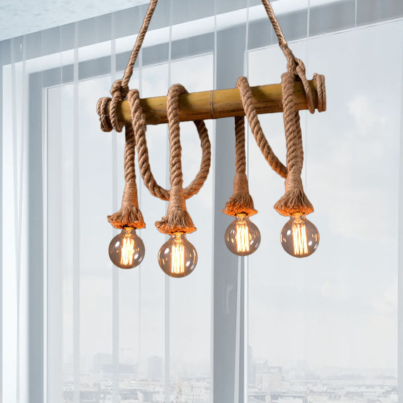 3/4 Lights Open Bulb Island Light Lodge Industrial Beige Adjustable Rope Ceiling Light with Bamboo Clearhalo 'Ceiling Lights' 'Island Lights' Lighting' 605630