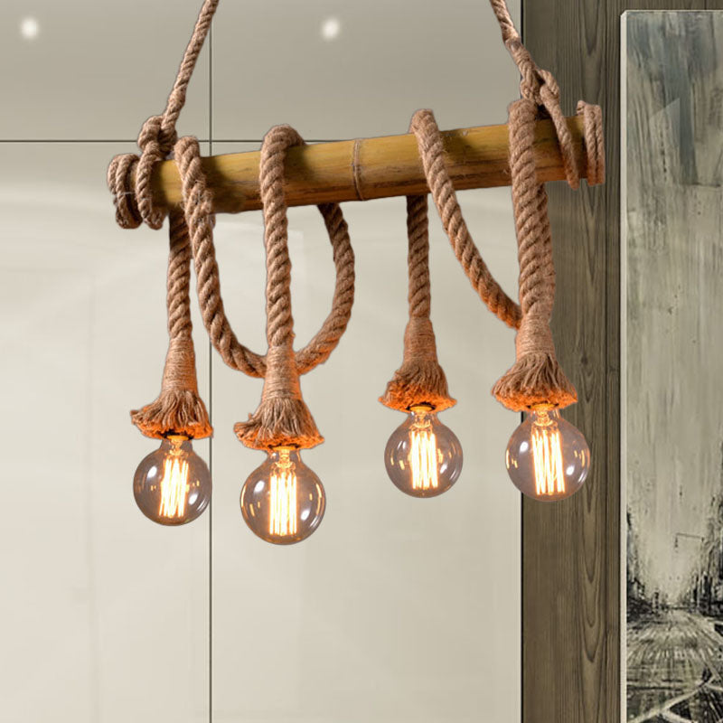 3/4 Lights Open Bulb Island Light Lodge Industrial Beige Adjustable Rope Ceiling Light with Bamboo Clearhalo 'Ceiling Lights' 'Island Lights' Lighting' 605631