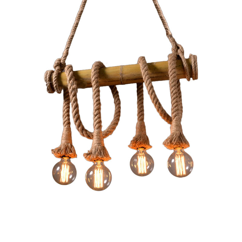 3/4 Lights Open Bulb Island Light Lodge Industrial Beige Adjustable Rope Ceiling Light with Bamboo Clearhalo 'Ceiling Lights' 'Island Lights' Lighting' 605632