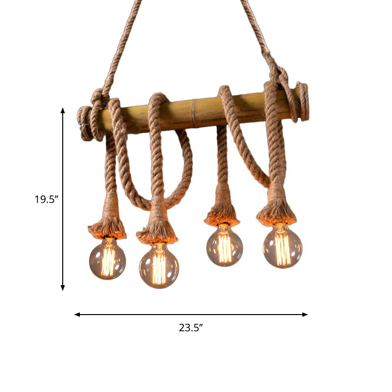 3/4 Lights Open Bulb Island Light Lodge Industrial Beige Adjustable Rope Ceiling Light with Bamboo Clearhalo 'Ceiling Lights' 'Island Lights' Lighting' 605633