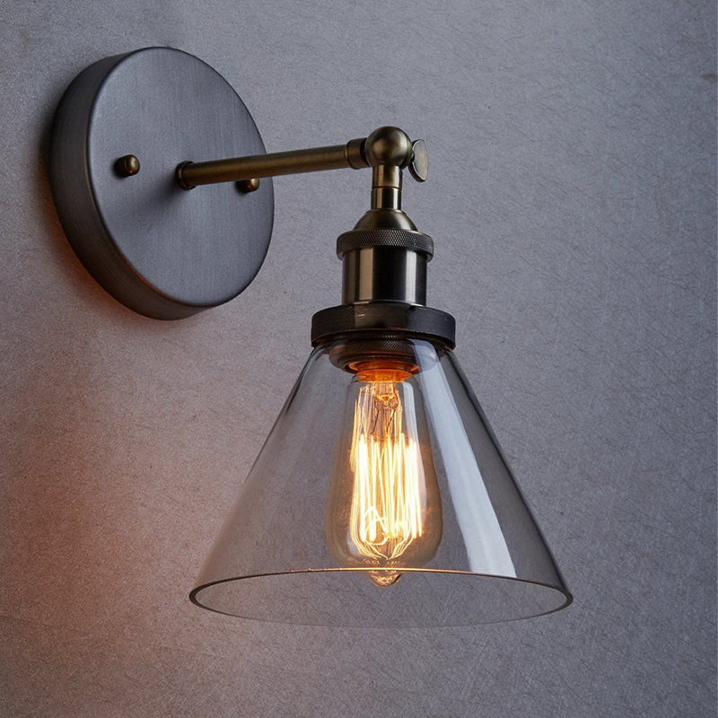 Clear Glass Black/Copper/Antique Brass Sconce Light Tapered 1-Light Industrial Wall Lamp Fixture for Living Room Antique Brass Clearhalo 'Art deco wall lights' 'Cast Iron' 'Glass' 'Industrial wall lights' 'Industrial' 'Middle century wall lights' 'Modern' 'Rustic wall lights' 'Tiffany' 'Traditional wall lights' 'Wall Lamps & Sconces' 'Wall Lights' Lighting' 605634