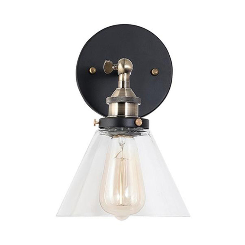 Clear Glass Black/Copper/Antique Brass Sconce Light Tapered 1-Light Industrial Wall Lamp Fixture for Living Room Clearhalo 'Art deco wall lights' 'Cast Iron' 'Glass' 'Industrial wall lights' 'Industrial' 'Middle century wall lights' 'Modern' 'Rustic wall lights' 'Tiffany' 'Traditional wall lights' 'Wall Lamps & Sconces' 'Wall Lights' Lighting' 605637