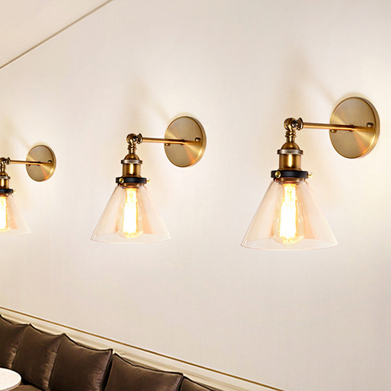 Clear Glass Black/Copper/Antique Brass Sconce Light Tapered 1-Light Industrial Wall Lamp Fixture for Living Room Clearhalo 'Art deco wall lights' 'Cast Iron' 'Glass' 'Industrial wall lights' 'Industrial' 'Middle century wall lights' 'Modern' 'Rustic wall lights' 'Tiffany' 'Traditional wall lights' 'Wall Lamps & Sconces' 'Wall Lights' Lighting' 605640