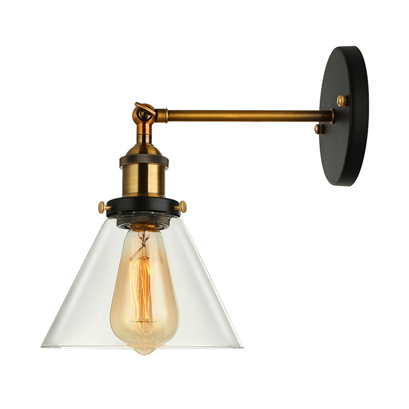 Clear Glass Black/Copper/Antique Brass Sconce Light Tapered 1-Light Industrial Wall Lamp Fixture for Living Room Clearhalo 'Art deco wall lights' 'Cast Iron' 'Glass' 'Industrial wall lights' 'Industrial' 'Middle century wall lights' 'Modern' 'Rustic wall lights' 'Tiffany' 'Traditional wall lights' 'Wall Lamps & Sconces' 'Wall Lights' Lighting' 605641