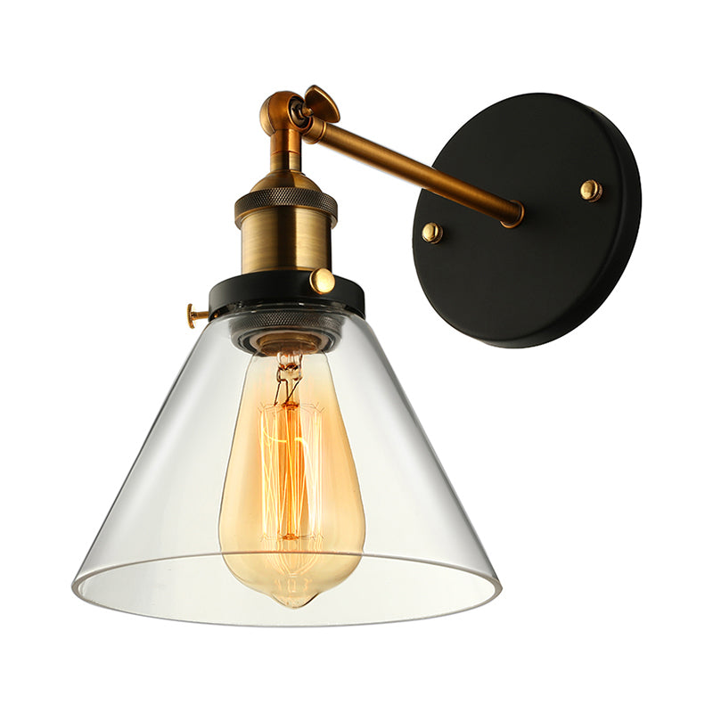 Clear Glass Black/Copper/Antique Brass Sconce Light Tapered 1-Light Industrial Wall Lamp Fixture for Living Room Clearhalo 'Art deco wall lights' 'Cast Iron' 'Glass' 'Industrial wall lights' 'Industrial' 'Middle century wall lights' 'Modern' 'Rustic wall lights' 'Tiffany' 'Traditional wall lights' 'Wall Lamps & Sconces' 'Wall Lights' Lighting' 605642