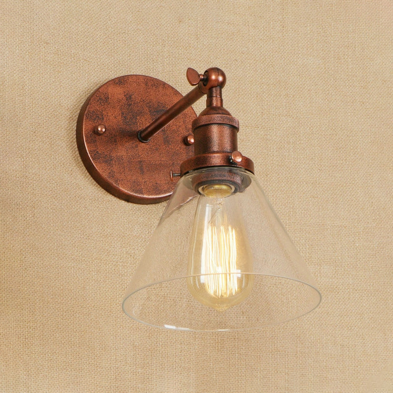 Clear Glass Black/Copper/Antique Brass Sconce Light Tapered 1-Light Industrial Wall Lamp Fixture for Living Room Copper Clearhalo 'Art deco wall lights' 'Cast Iron' 'Glass' 'Industrial wall lights' 'Industrial' 'Middle century wall lights' 'Modern' 'Rustic wall lights' 'Tiffany' 'Traditional wall lights' 'Wall Lamps & Sconces' 'Wall Lights' Lighting' 605643