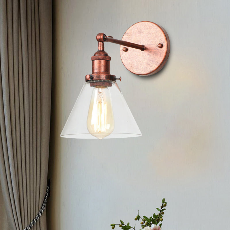 Clear Glass Black/Copper/Antique Brass Sconce Light Tapered 1-Light Industrial Wall Lamp Fixture for Living Room Clearhalo 'Art deco wall lights' 'Cast Iron' 'Glass' 'Industrial wall lights' 'Industrial' 'Middle century wall lights' 'Modern' 'Rustic wall lights' 'Tiffany' 'Traditional wall lights' 'Wall Lamps & Sconces' 'Wall Lights' Lighting' 605645