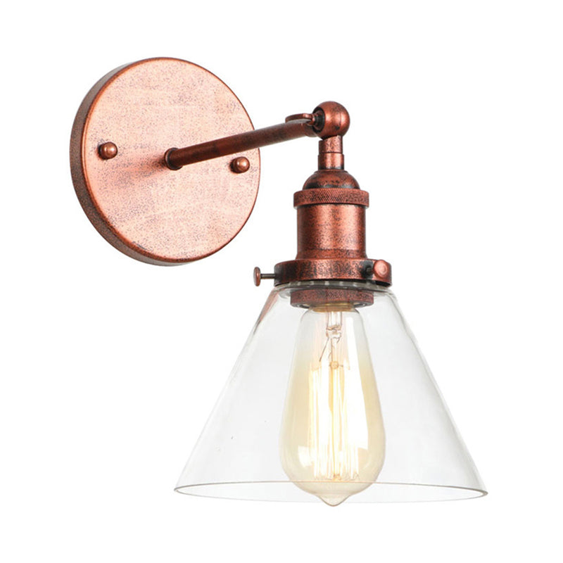 Clear Glass Black/Copper/Antique Brass Sconce Light Tapered 1-Light Industrial Wall Lamp Fixture for Living Room Clearhalo 'Art deco wall lights' 'Cast Iron' 'Glass' 'Industrial wall lights' 'Industrial' 'Middle century wall lights' 'Modern' 'Rustic wall lights' 'Tiffany' 'Traditional wall lights' 'Wall Lamps & Sconces' 'Wall Lights' Lighting' 605646