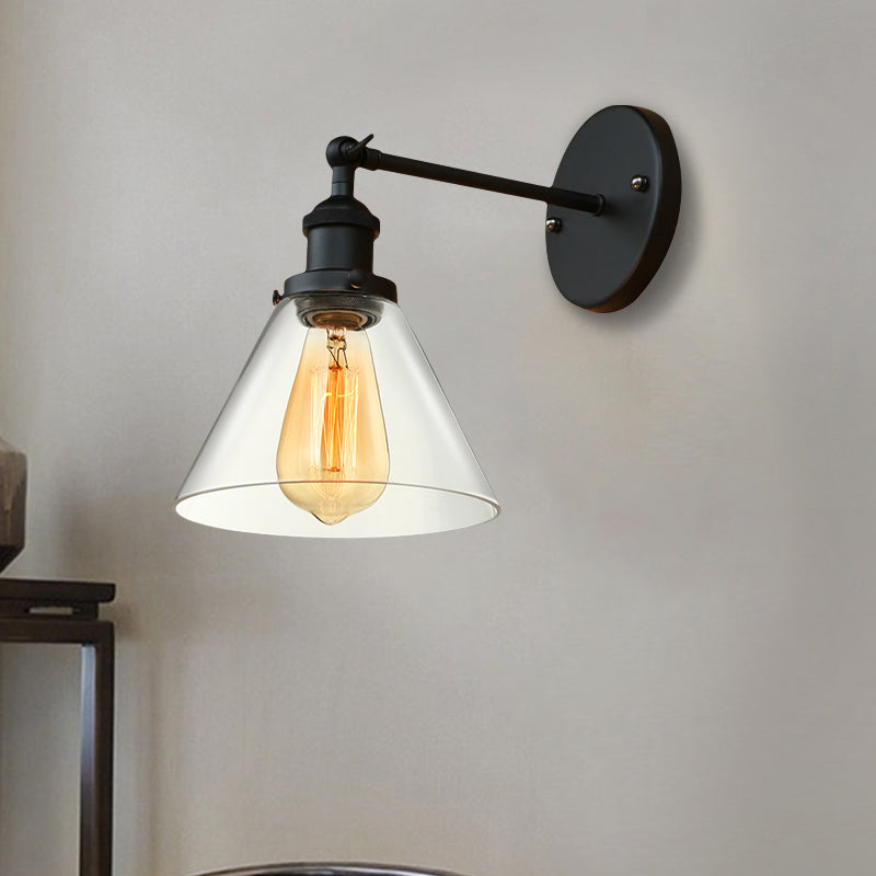 Clear Glass Black/Copper/Antique Brass Sconce Light Tapered 1-Light Industrial Wall Lamp Fixture for Living Room Black Clearhalo 'Art deco wall lights' 'Cast Iron' 'Glass' 'Industrial wall lights' 'Industrial' 'Middle century wall lights' 'Modern' 'Rustic wall lights' 'Tiffany' 'Traditional wall lights' 'Wall Lamps & Sconces' 'Wall Lights' Lighting' 605647