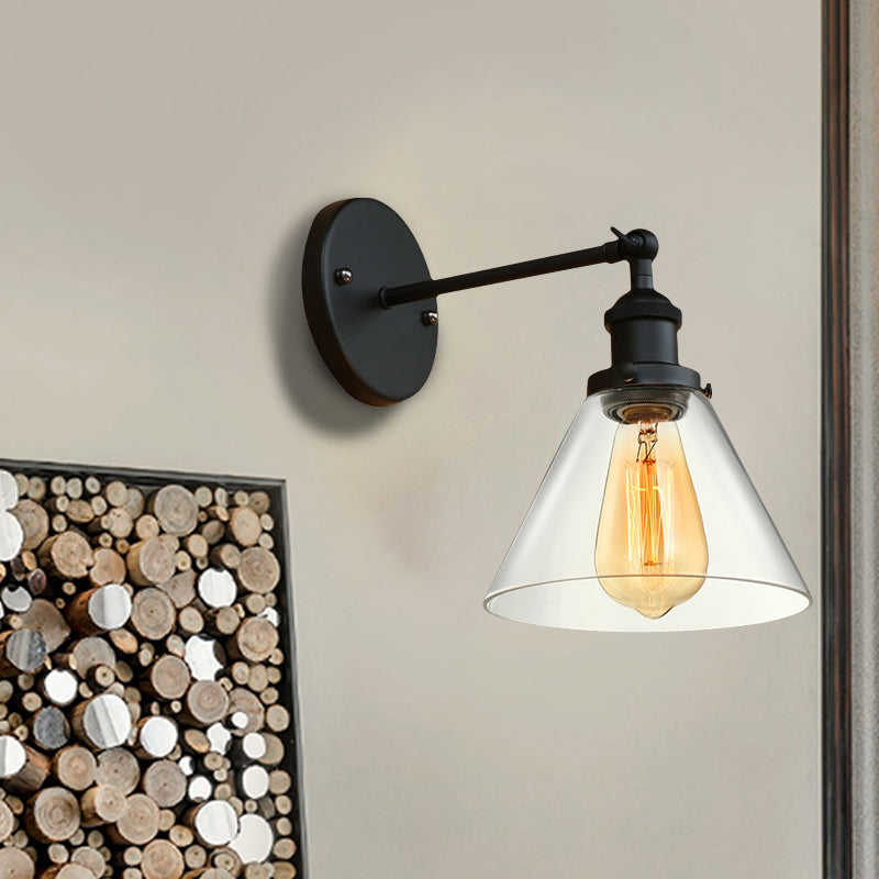 Clear Glass Black/Copper/Antique Brass Sconce Light Tapered 1-Light Industrial Wall Lamp Fixture for Living Room Clearhalo 'Art deco wall lights' 'Cast Iron' 'Glass' 'Industrial wall lights' 'Industrial' 'Middle century wall lights' 'Modern' 'Rustic wall lights' 'Tiffany' 'Traditional wall lights' 'Wall Lamps & Sconces' 'Wall Lights' Lighting' 605648