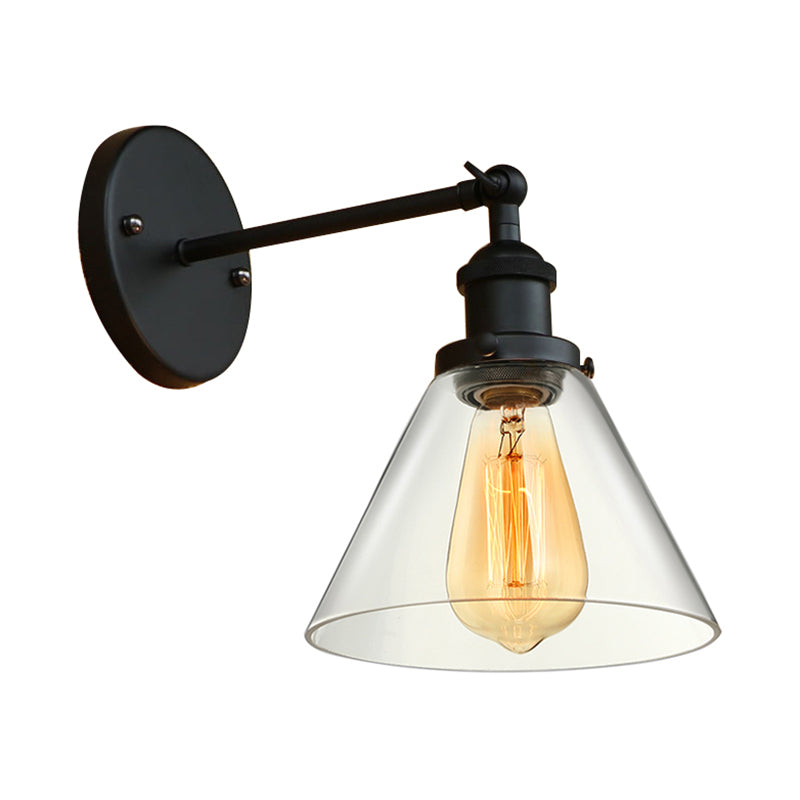 Clear Glass Black/Copper/Antique Brass Sconce Light Tapered 1-Light Industrial Wall Lamp Fixture for Living Room Clearhalo 'Art deco wall lights' 'Cast Iron' 'Glass' 'Industrial wall lights' 'Industrial' 'Middle century wall lights' 'Modern' 'Rustic wall lights' 'Tiffany' 'Traditional wall lights' 'Wall Lamps & Sconces' 'Wall Lights' Lighting' 605650