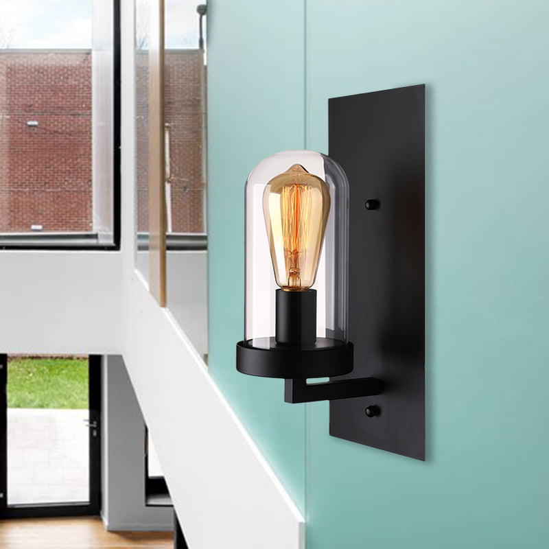 One Bulb Wall Light with Pill Capsule Shade Clear Glass Industrial Living Room Sconce Lighting Fixture in Black Clearhalo 'Cast Iron' 'Glass' 'Industrial wall lights' 'Industrial' 'Middle century wall lights' 'Modern' 'Tiffany' 'Traditional wall lights' 'Wall Lamps & Sconces' 'Wall Lights' Lighting' 605717