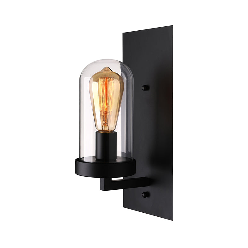 One Bulb Wall Light with Pill Capsule Shade Clear Glass Industrial Living Room Sconce Lighting Fixture in Black Clearhalo 'Cast Iron' 'Glass' 'Industrial wall lights' 'Industrial' 'Middle century wall lights' 'Modern' 'Tiffany' 'Traditional wall lights' 'Wall Lamps & Sconces' 'Wall Lights' Lighting' 605719