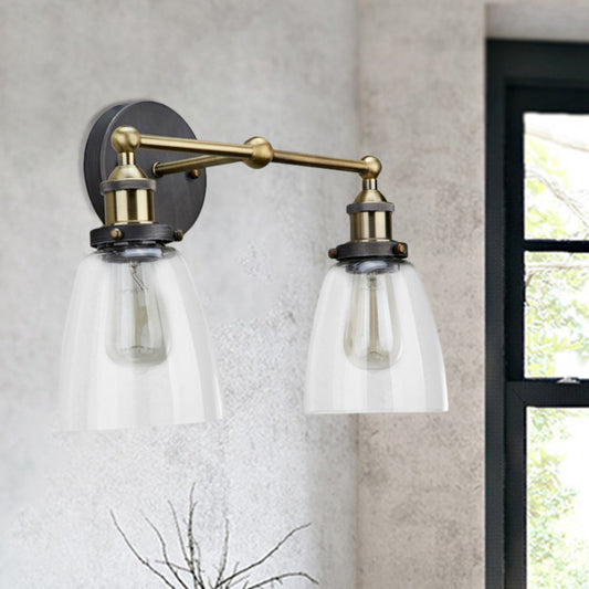 2 Lights Tapered Sconce Light Fixture Industrial Antique Brass Clear Glass Wall Lamp Clearhalo 'Cast Iron' 'Glass' 'Industrial wall lights' 'Industrial' 'Middle century wall lights' 'Modern' 'Tiffany' 'Traditional wall lights' 'Wall Lamps & Sconces' 'Wall Lights' Lighting' 605722