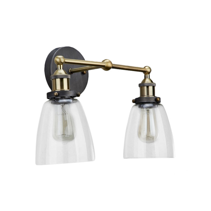 2 Lights Tapered Sconce Light Fixture Industrial Antique Brass Clear Glass Wall Lamp Clearhalo 'Cast Iron' 'Glass' 'Industrial wall lights' 'Industrial' 'Middle century wall lights' 'Modern' 'Tiffany' 'Traditional wall lights' 'Wall Lamps & Sconces' 'Wall Lights' Lighting' 605724