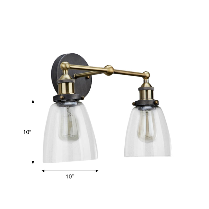 2 Lights Tapered Sconce Light Fixture Industrial Antique Brass Clear Glass Wall Lamp Clearhalo 'Cast Iron' 'Glass' 'Industrial wall lights' 'Industrial' 'Middle century wall lights' 'Modern' 'Tiffany' 'Traditional wall lights' 'Wall Lamps & Sconces' 'Wall Lights' Lighting' 605725