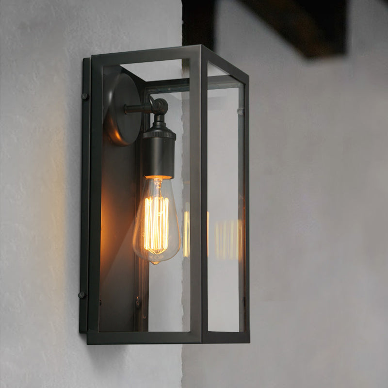 1 Light Rectangle Sconce Light Fixture Traditional Black Clear Glass Wall Lamp for Bedroom, Up/Down Clearhalo 'Cast Iron' 'Glass' 'Industrial wall lights' 'Industrial' 'Middle century wall lights' 'Modern' 'Tiffany' 'Traditional wall lights' 'Wall Lamps & Sconces' 'Wall Lights' Lighting' 605732