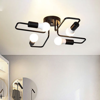 Loft Industrial Exposed Semi Flush Light Fixture 4/6-Head Metallic Ceiling Light Fixture in Black/White for Living Room 4 Black Clearhalo 'Ceiling Lights' 'Close To Ceiling Lights' 'Close to ceiling' 'Semi-flushmount' Lighting' 605746