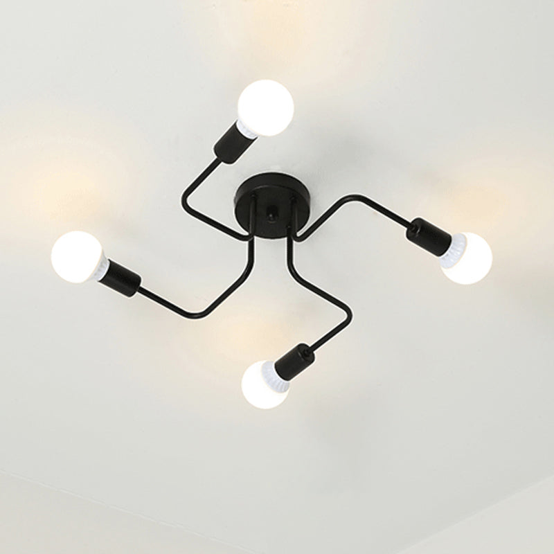 Loft Industrial Exposed Semi Flush Light Fixture 4/6-Head Metallic Ceiling Light Fixture in Black/White for Living Room Clearhalo 'Ceiling Lights' 'Close To Ceiling Lights' 'Close to ceiling' 'Semi-flushmount' Lighting' 605747