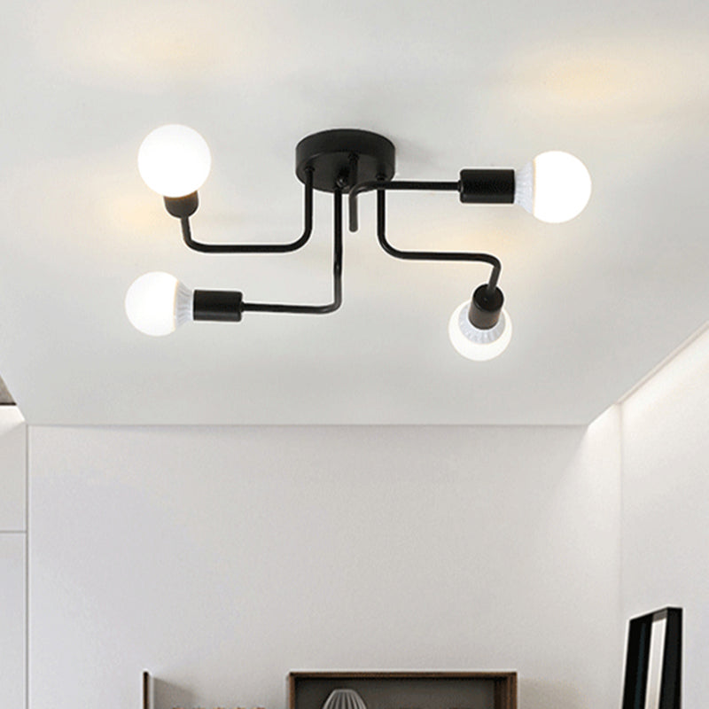 Loft Industrial Exposed Semi Flush Light Fixture 4/6-Head Metallic Ceiling Light Fixture in Black/White for Living Room Clearhalo 'Ceiling Lights' 'Close To Ceiling Lights' 'Close to ceiling' 'Semi-flushmount' Lighting' 605748