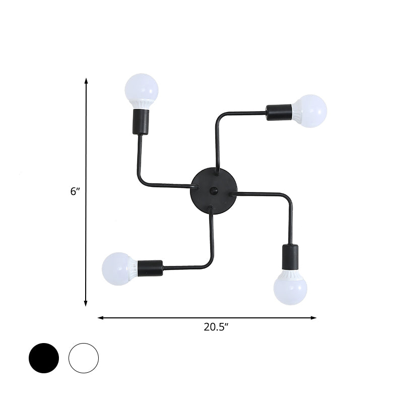 Loft Industrial Exposed Semi Flush Light Fixture 4/6-Head Metallic Ceiling Light Fixture in Black/White for Living Room Clearhalo 'Ceiling Lights' 'Close To Ceiling Lights' 'Close to ceiling' 'Semi-flushmount' Lighting' 605750