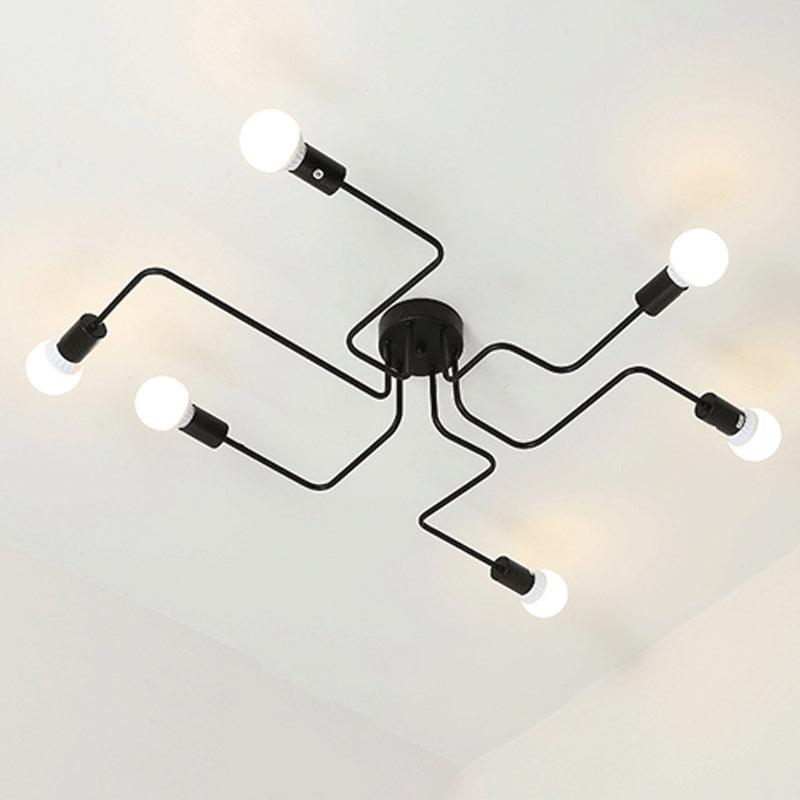 Loft Industrial Exposed Semi Flush Light Fixture 4/6-Head Metallic Ceiling Light Fixture in Black/White for Living Room Clearhalo 'Ceiling Lights' 'Close To Ceiling Lights' 'Close to ceiling' 'Semi-flushmount' Lighting' 605752