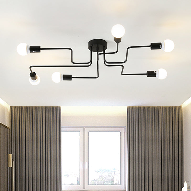 Loft Industrial Exposed Semi Flush Light Fixture 4/6-Head Metallic Ceiling Light Fixture in Black/White for Living Room Clearhalo 'Ceiling Lights' 'Close To Ceiling Lights' 'Close to ceiling' 'Semi-flushmount' Lighting' 605753