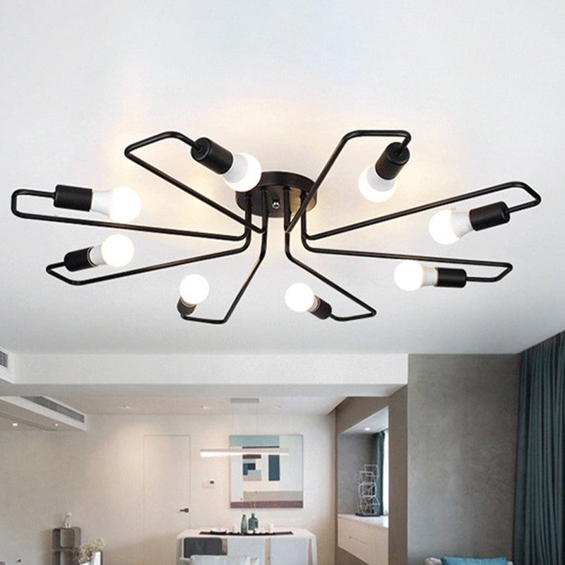 Loft Industrial Exposed Semi Flush Light Fixture 4/6-Head Metallic Ceiling Light Fixture in Black/White for Living Room 8 Black Clearhalo 'Ceiling Lights' 'Close To Ceiling Lights' 'Close to ceiling' 'Semi-flushmount' Lighting' 605756