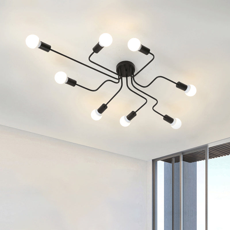 Loft Industrial Exposed Semi Flush Light Fixture 4/6-Head Metallic Ceiling Light Fixture in Black/White for Living Room Clearhalo 'Ceiling Lights' 'Close To Ceiling Lights' 'Close to ceiling' 'Semi-flushmount' Lighting' 605757