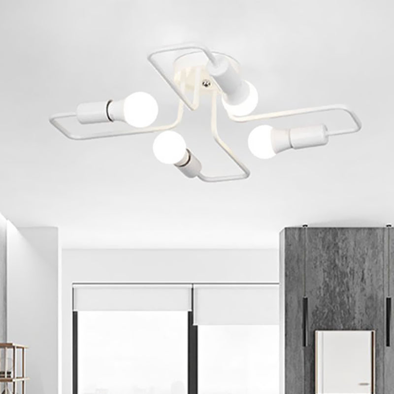 Loft Industrial Exposed Semi Flush Light Fixture 4/6-Head Metallic Ceiling Light Fixture in Black/White for Living Room 4 White Clearhalo 'Ceiling Lights' 'Close To Ceiling Lights' 'Close to ceiling' 'Semi-flushmount' Lighting' 605761