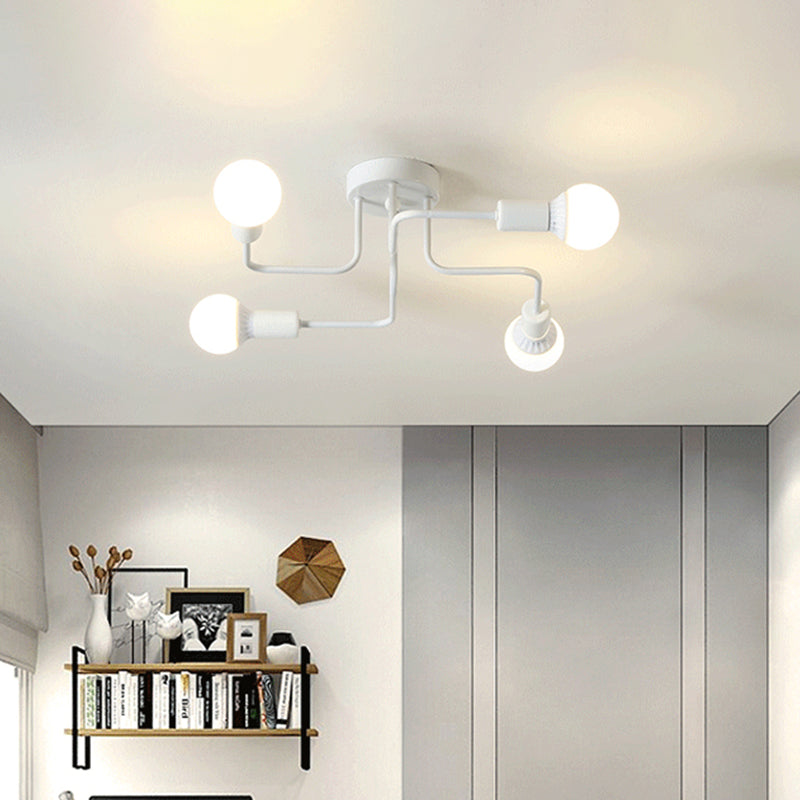 Loft Industrial Exposed Semi Flush Light Fixture 4/6-Head Metallic Ceiling Light Fixture in Black/White for Living Room Clearhalo 'Ceiling Lights' 'Close To Ceiling Lights' 'Close to ceiling' 'Semi-flushmount' Lighting' 605762