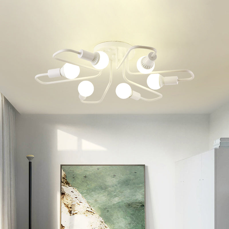 Loft Industrial Exposed Semi Flush Light Fixture 4/6-Head Metallic Ceiling Light Fixture in Black/White for Living Room 6 White Clearhalo 'Ceiling Lights' 'Close To Ceiling Lights' 'Close to ceiling' 'Semi-flushmount' Lighting' 605765