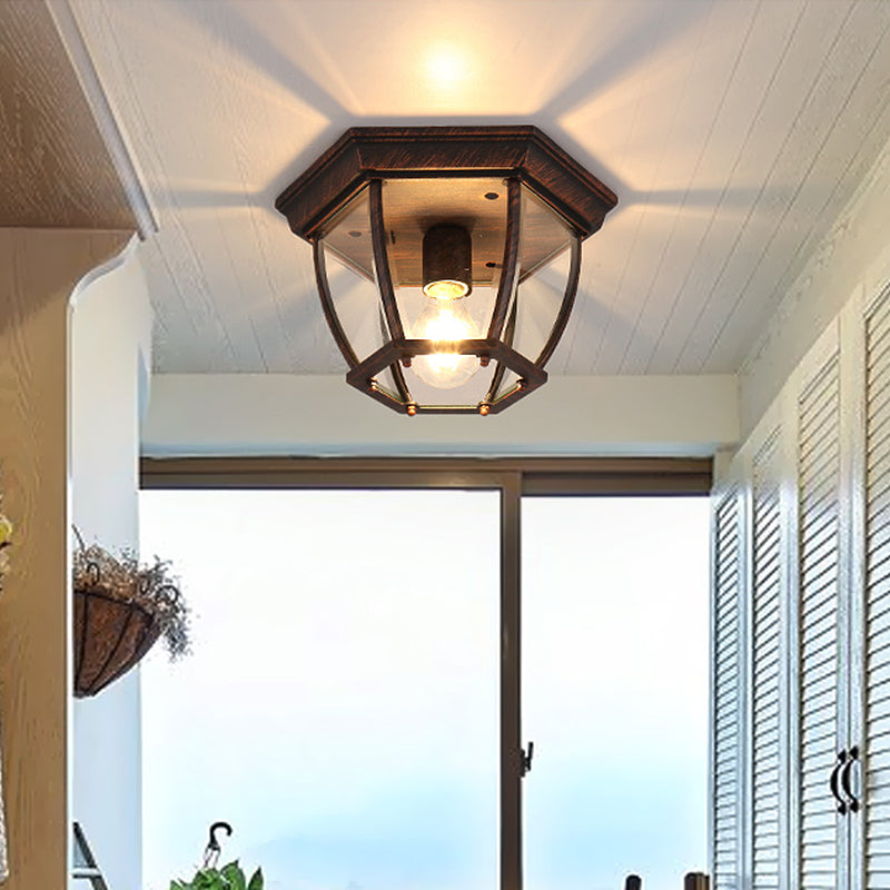 Bronze One Light Ceiling Mount Retro Style Clear Glass Geometric Flush Fixture with Cage Clearhalo 'Ceiling Lights' 'Close To Ceiling Lights' 'Close to ceiling' 'Glass shade' 'Glass' 'Semi-flushmount' Lighting' 605809