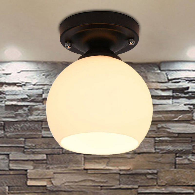 1 Light Ceiling Light Fixture with Round Shade Opal Glass Vintage Style Hallway Semi Flush in Black White Clearhalo 'Ceiling Lights' 'Close To Ceiling Lights' 'Close to ceiling' 'Glass shade' 'Glass' 'Island Lights' 'Semi-flushmount' Lighting' 605812