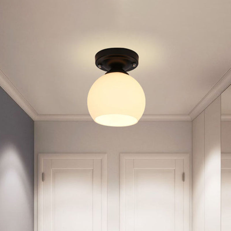 1 Light Ceiling Light Fixture with Round Shade Opal Glass Vintage Style Hallway Semi Flush in Black Clearhalo 'Ceiling Lights' 'Close To Ceiling Lights' 'Close to ceiling' 'Glass shade' 'Glass' 'Island Lights' 'Semi-flushmount' Lighting' 605814