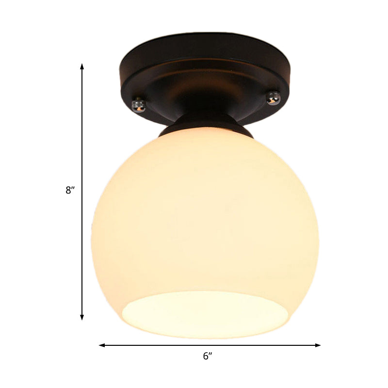 1 Light Ceiling Light Fixture with Round Shade Opal Glass Vintage Style Hallway Semi Flush in Black Clearhalo 'Ceiling Lights' 'Close To Ceiling Lights' 'Close to ceiling' 'Glass shade' 'Glass' 'Island Lights' 'Semi-flushmount' Lighting' 605816