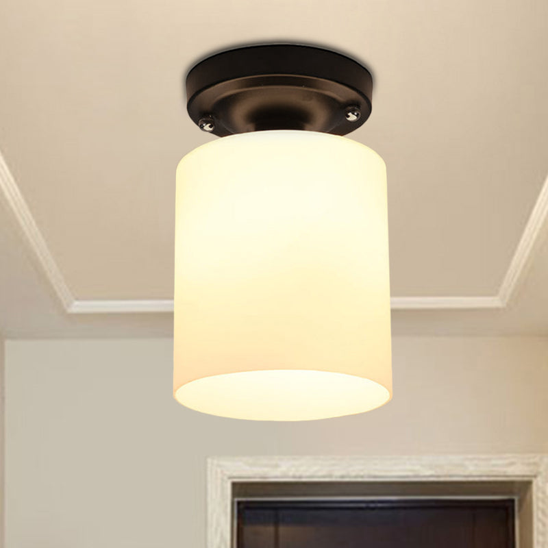 Black One Light Ceiling Mount Industrial Milky Glass Cylinder Semi Flush Light for Corridor White Clearhalo 'Ceiling Lights' 'Close To Ceiling Lights' 'Close to ceiling' 'Glass shade' 'Glass' 'Island Lights' 'Semi-flushmount' Lighting' 605817