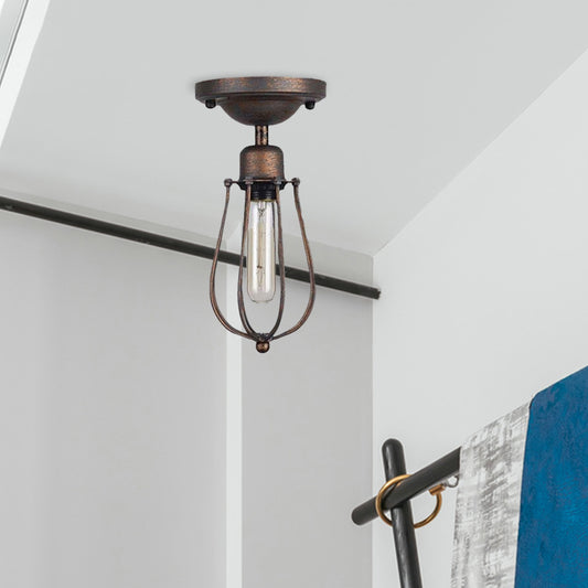 1 Bulb Ceiling Lighting with Wire Guard Wrought Iron Antique Style Bedroom Mini Semi Flush Light in Dark Rust Clearhalo 'Ceiling Lights' 'Close To Ceiling Lights' 'Close to ceiling' 'Semi-flushmount' Lighting' 605897
