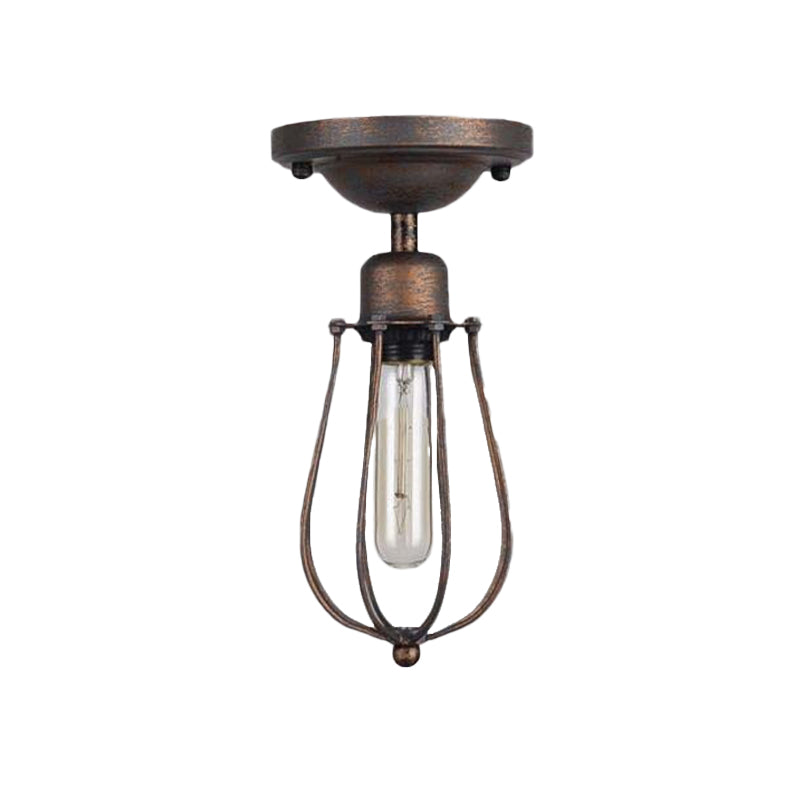 1 Bulb Ceiling Lighting with Wire Guard Wrought Iron Antique Style Bedroom Mini Semi Flush Light in Dark Rust Clearhalo 'Ceiling Lights' 'Close To Ceiling Lights' 'Close to ceiling' 'Semi-flushmount' Lighting' 605899