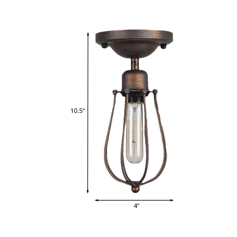 1 Bulb Ceiling Lighting with Wire Guard Wrought Iron Antique Style Bedroom Mini Semi Flush Light in Dark Rust Clearhalo 'Ceiling Lights' 'Close To Ceiling Lights' 'Close to ceiling' 'Semi-flushmount' Lighting' 605900