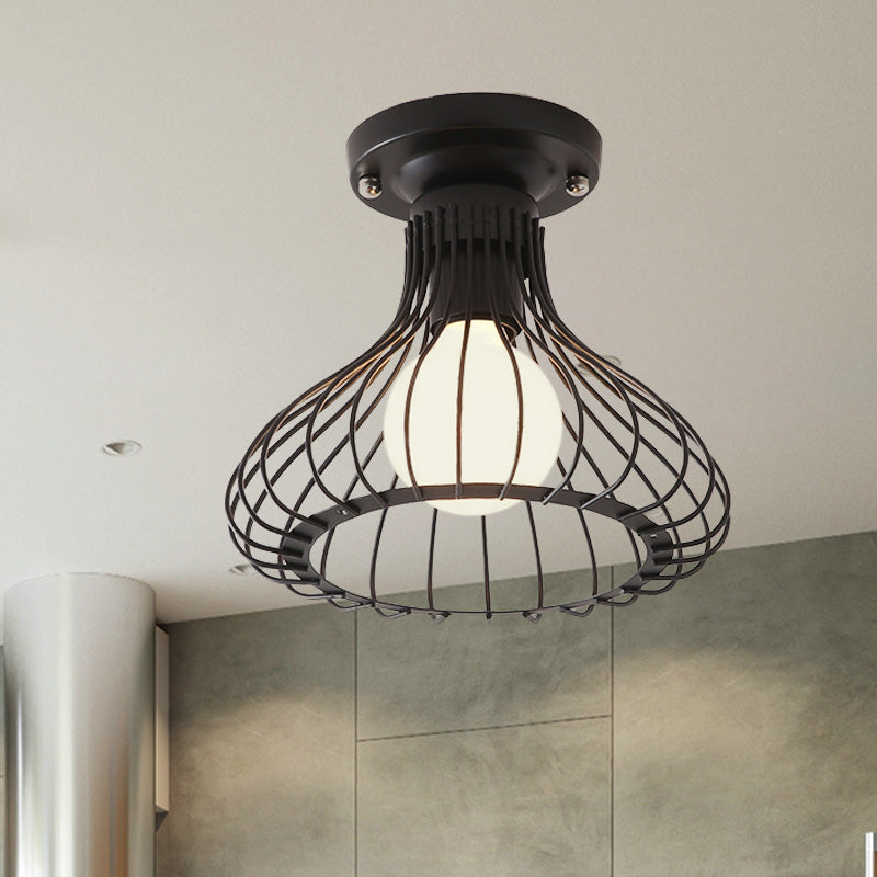 Caged Metal Ceiling Light Fixture with Cylinder/Teardrop Shade Industrial 1 Light Corridor Semi Flush Light in Black Black Teardrop Clearhalo 'Ceiling Lights' 'Close To Ceiling Lights' 'Close to ceiling' 'Semi-flushmount' Lighting' 605901
